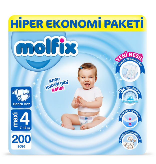 Molfix Bebek Bezi 4 Beden Maxi Hiper Ekonomi Paketi 200 Adet