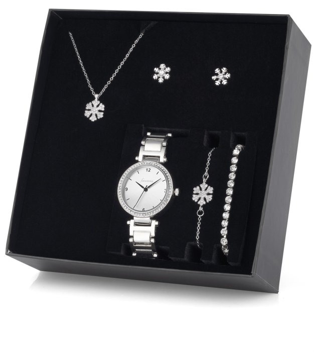 Beyaz Kar Tanesi Kolye Küpe Bileklik - Saat Seti Ps1047