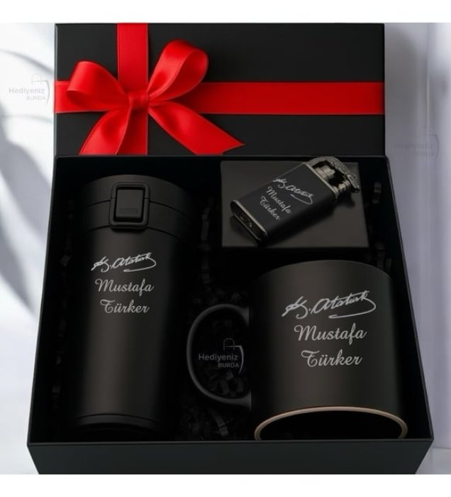 Kişiye Özel Mustafa Kemal Atatürk Temalı Çelik Termos Çakmak Kupa Bardak Lüks Hediye Seti