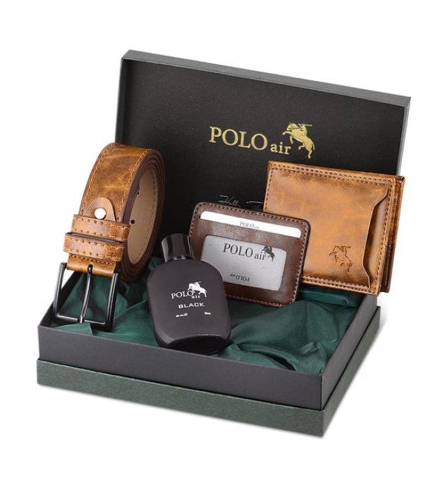 Polo Air Kutulu Erkek Parfüm Kemer Cüzdan Kartlık Seti PM-08 Taba