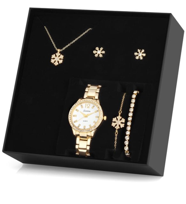 Forentina Altın Kaplama Kar Tanesi Takı Seti - Saat Seti - Hediye Seti