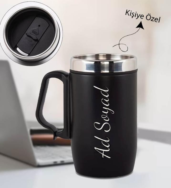 Kişiye Özel Kulplu Çelik Termos Bardak Siyah 240 ML