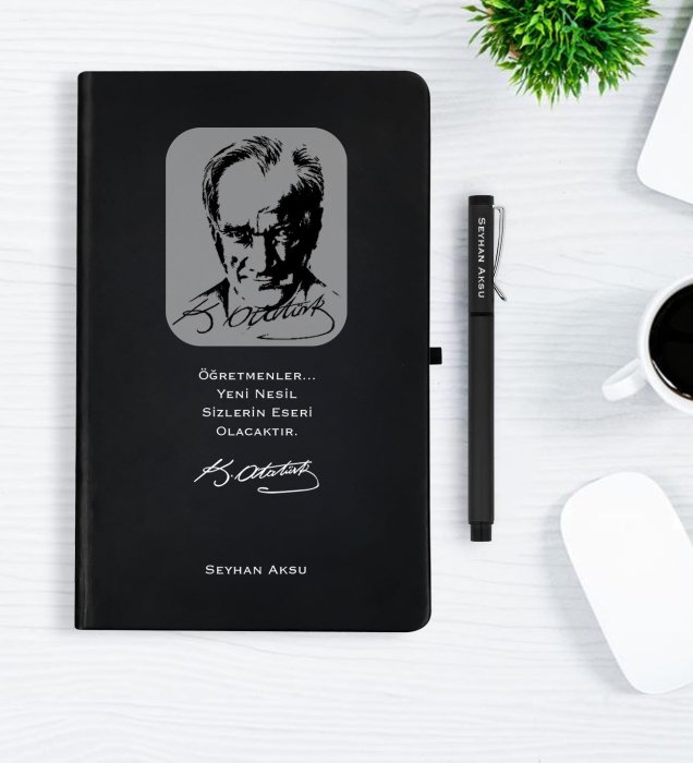 BK Gift Kişiye Özel Atatürk Temalı Siyah Defter Kalem Hediye Seti