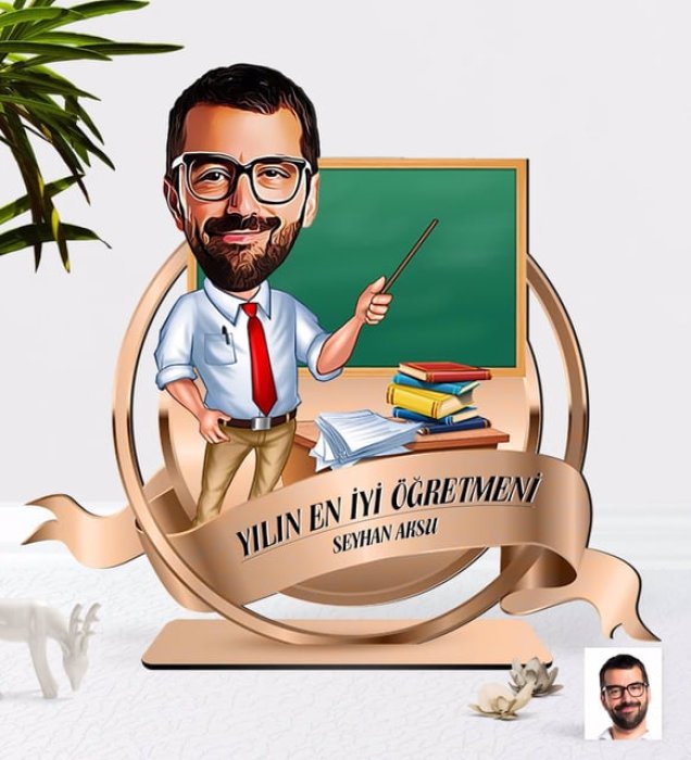 BK Gift Kişiye Özel Yılın En İyi Erkek Öğretmeni Karikatürlü 3D Ahşap Biblo