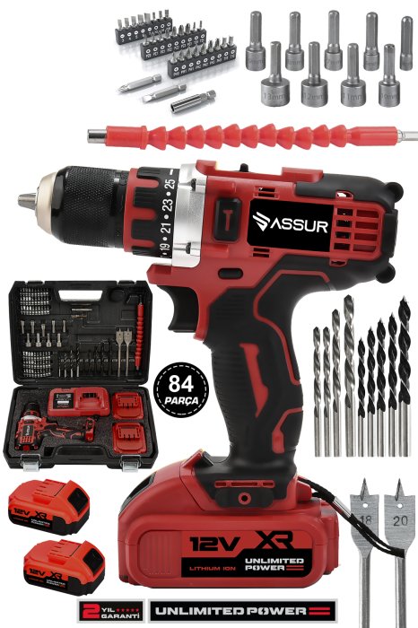 ASSUR 12v Çift Akülü Çelik Mandren Akülü Vidalama Şarjlı Matkap