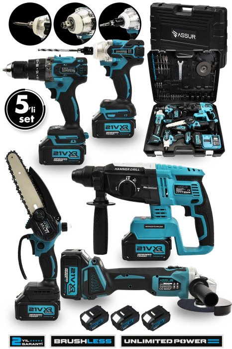 ASSUR Profesyonel 21v Akülü 5 li Set Kırıcı Delici Hilti Taşlama Somun Sıkma Akülü Vidalama Budama