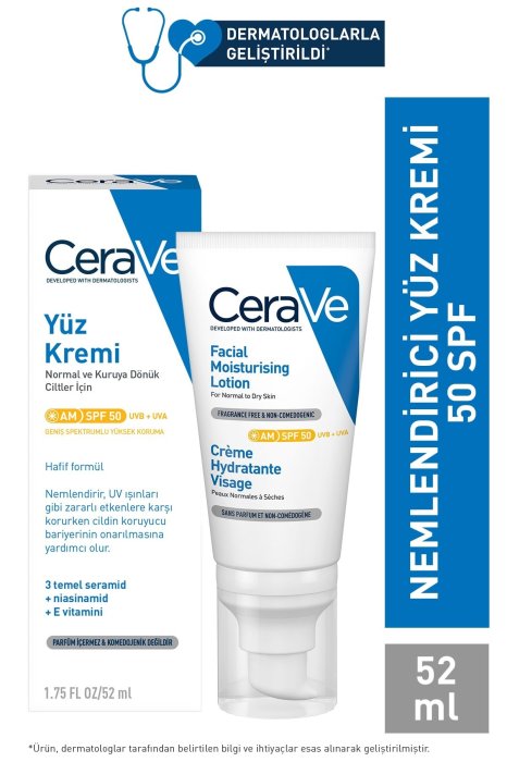 Cerave Normal Ve Kuruya Dönük Ciltler İçin Yüz Nemlendirici Krem Spf 50 52 Ml