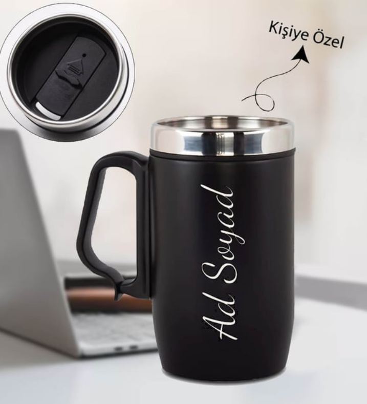 Kişiye Özel Kulplu Çelik Termos Bardak Siyah 240 ML