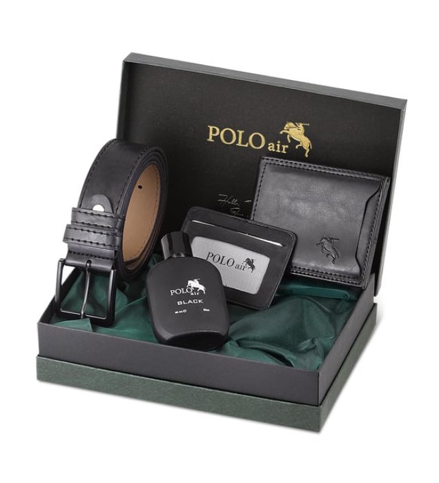 Polo Air Kutulu Erkek Parfüm Kemer Cüzdan Kartlık Seti PM-08 Siyah