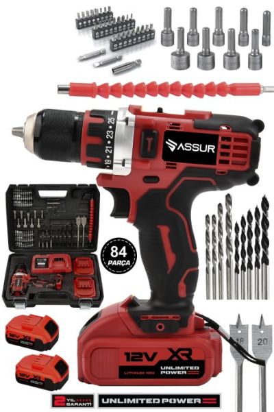 ASSUR 12v Çift Akülü Çelik Mandren Akülü Vidalama Şarjlı Matkap