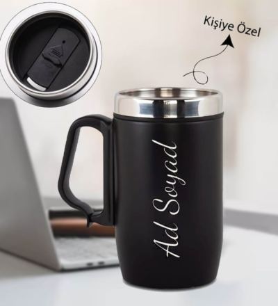 Kişiye Özel Kulplu Çelik Termos Bardak Siyah 240 ML