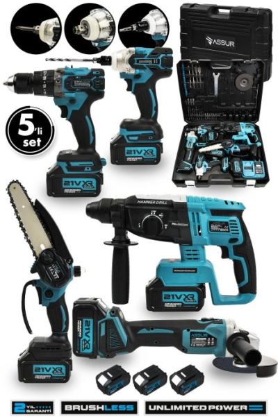 ASSUR Profesyonel 21v Akülü 5 li Set Kırıcı Delici Hilti Taşlama Somun Sıkma Akülü Vidalama Budama