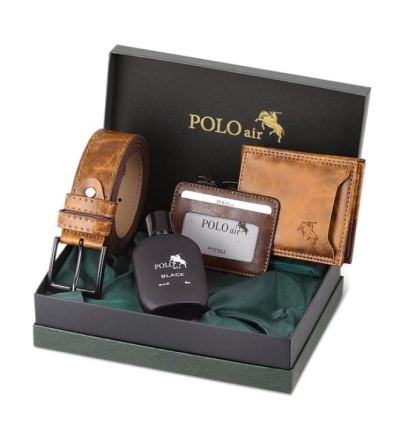 Polo Air Kutulu Erkek Parfüm Kemer Cüzdan Kartlık Seti PM-08 Taba
