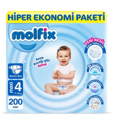 Molfix Bebek Bezi 4 Beden Maxi Hiper Ekonomi Paketi 200 Adet