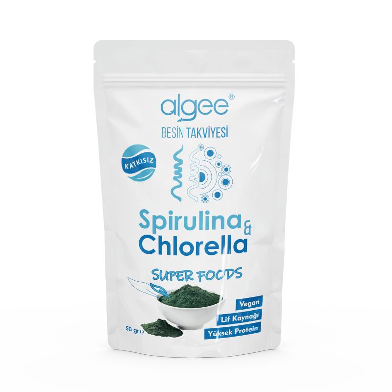 Algee Spirulina &amp; Chlorella Tozu  Süper Gıda Karışımı 50 Gr