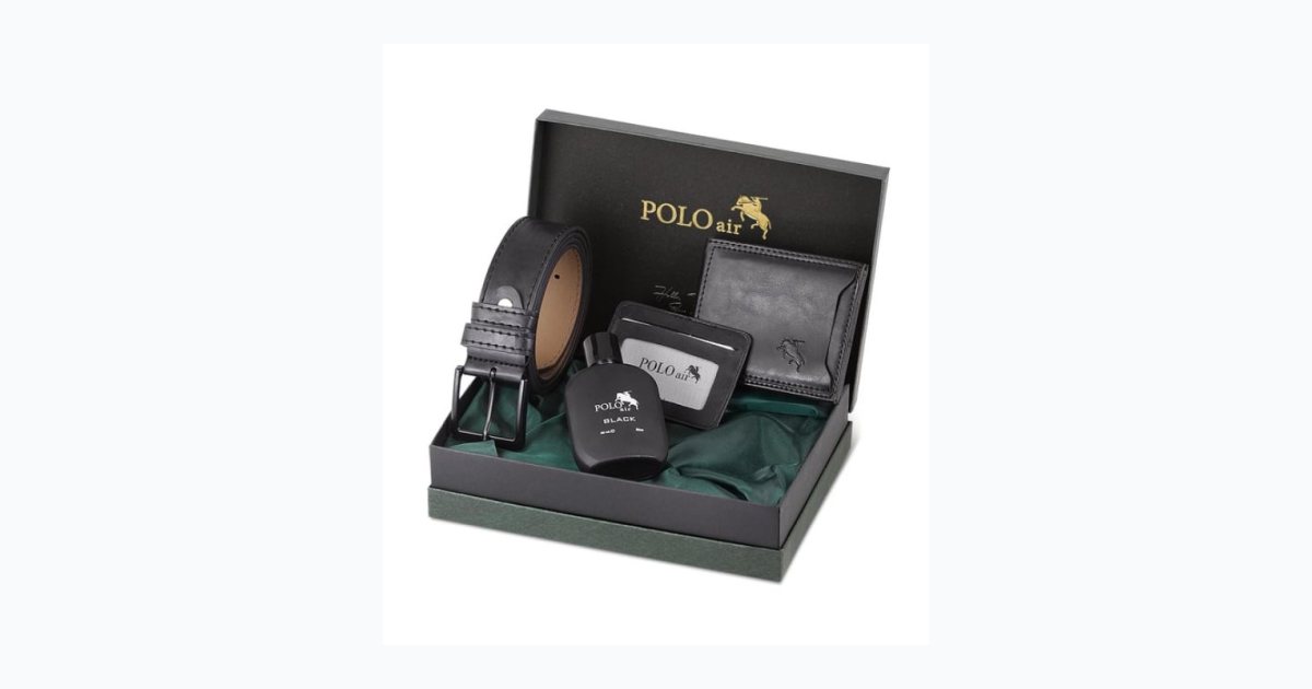 Polo Air Kutulu Erkek Parfüm Kemer Cüzdan Kartlık Seti PM-08 Siyah