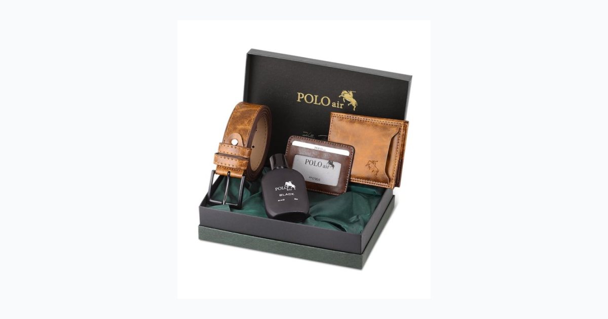 Polo Air Kutulu Erkek Parfüm Kemer Cüzdan Kartlık Seti PM-08 Taba