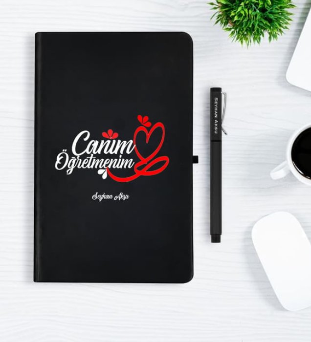 BK Gift Kişiye Özel Canım Öğretmenim Siyah Defter Kalem Hediye Seti