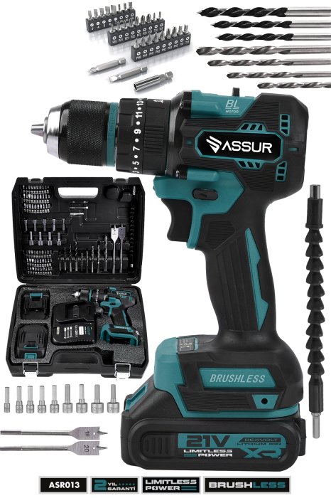ASSUR 21v Çift Akü Kömürsüz Motor Çelik Mandren Darbeli Akülü Vidalama Şarjlı Matkap